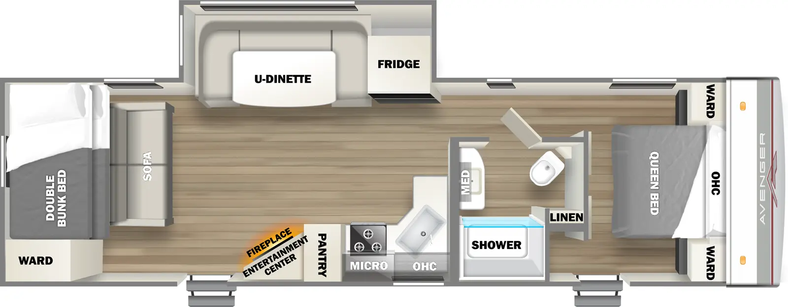 The 28BHS has one slideout and two entries. Interior layout front to back: foot-facing queen bed with overhead cabinet, wardrobe on each side, and entry door; door side full bathroom with linen closet; off-door side slideout with refrigerator and u-dinette; kitchen counter wraps from inner wall to door side with sink, overhead cabinet, microwave, cooktop, pantry, angled entertainment center with fireplace below, and second entry; rear double bunk beds and wardrobe with sofa in front.